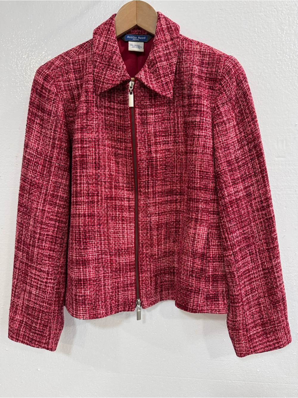Austin Reed Petite 100% Silk Tweed Zip Jacket Red Pink Textured Blazer 10P - Picture 2 of 14